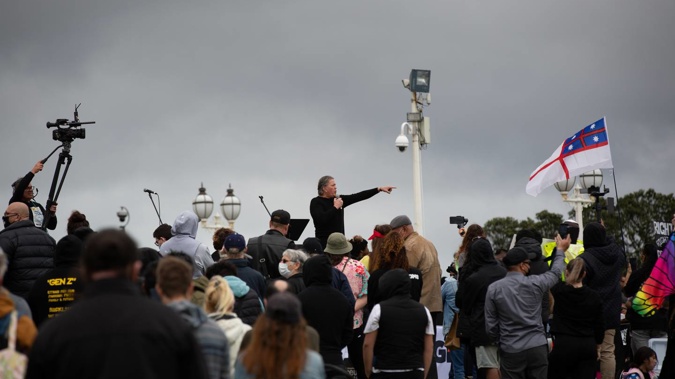Destiny Church leader Brian Tamaki speaking to protesters at Auckland Domain last month. (Photo / NZME)