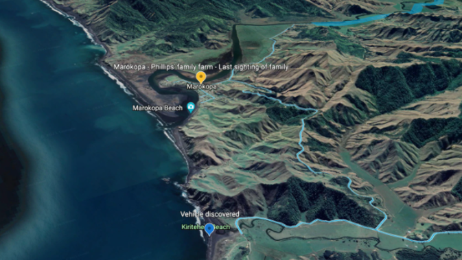 A large scale search for missing Otorohanga man Thomas Phillips and his three young children continues today. (Photo / Google Earth Pro)