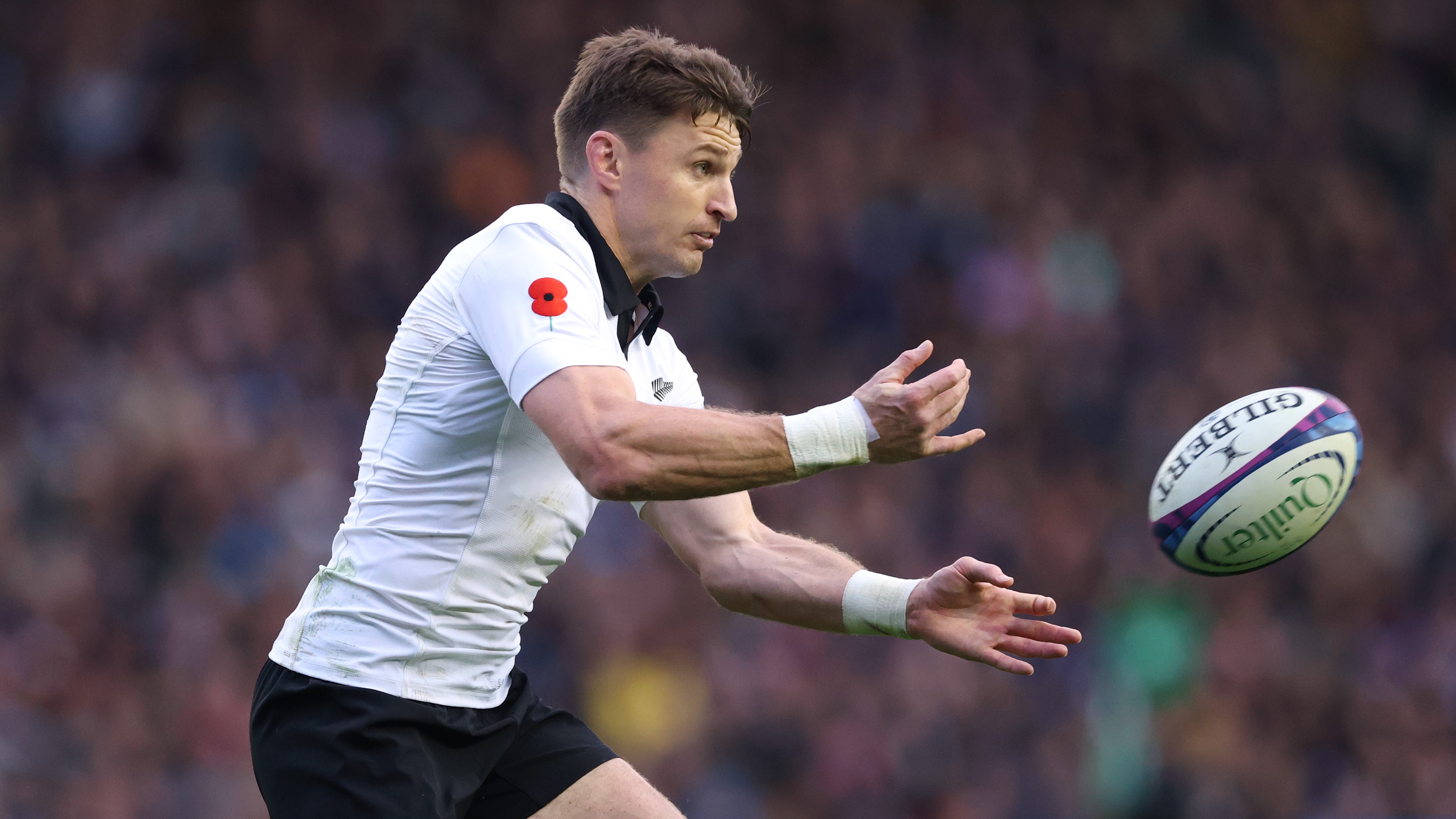 Beauden Barrett of New Zealand in action during the Quilter Nations Series 2025 rugby international match between Scotland and New Zealand at the Scottish Gas Murrayfield on November 08, 2025 in Edinburgh, Scotland. (Photo by Stu Forster/Getty Images)