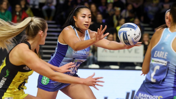 Mystics' Filda Vui during the ANZ Premiership Wellington Pulse vs Mystics netball match at the TSB Arena in Wellington. 8 June 2025. Photo / Marty Melville / www.photosport.nz