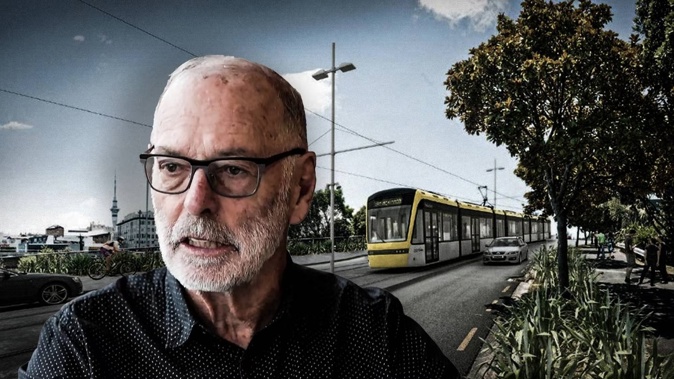 Mayor Wayne Brown and an artist impression of light rail for Auckland. Photo / NZME