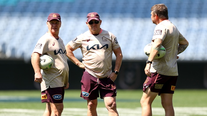 Broncos coach, Kevin Walters and Allan Langer speak during the Brisbane Broncos NRL captain's run at Accor Stadium on September 30, 2023 in Sydney, Australia. (Photo by Brendon Thorne/Getty Images)