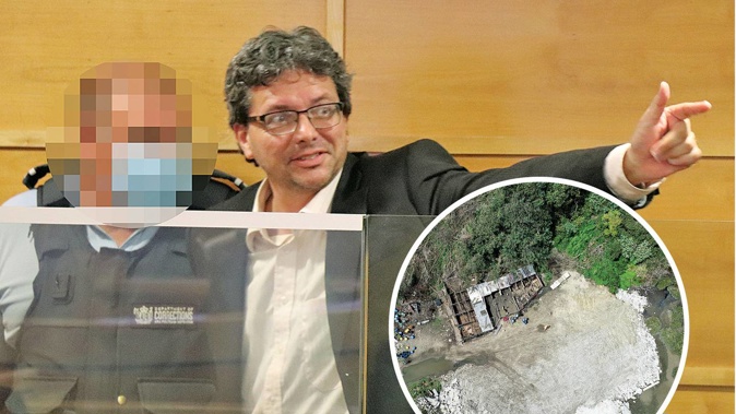 Tio Faulkner, pictured at his sentencing in October, claims he was wrongfully convicted as the Crown has no jurisdiction over the land he lives on. Inset: An aerial view of an illegal extension he built in Tauranga Harbour. Photo / Ethan Griffiths
