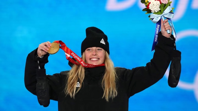 Zoi Sadowski Synnott celebrates her gold medal at the Beijing Winter Olympics. Photo / Photosport