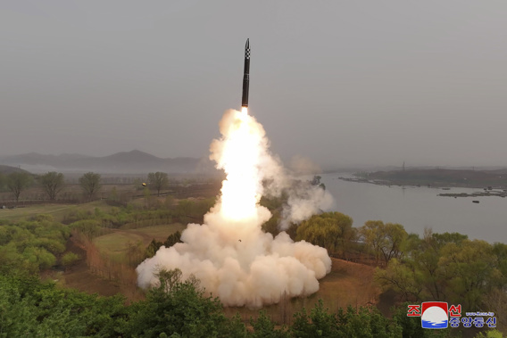This photo provided April 14, 2023, by the North Korean government, shows what it says is the test-launch of Hwasong-18 intercontinental ballistic missile Thursday, April 13, 2023 at an undisclosed location, North Korea. Photo / Korean Central News Agency/Korea News Service via AP