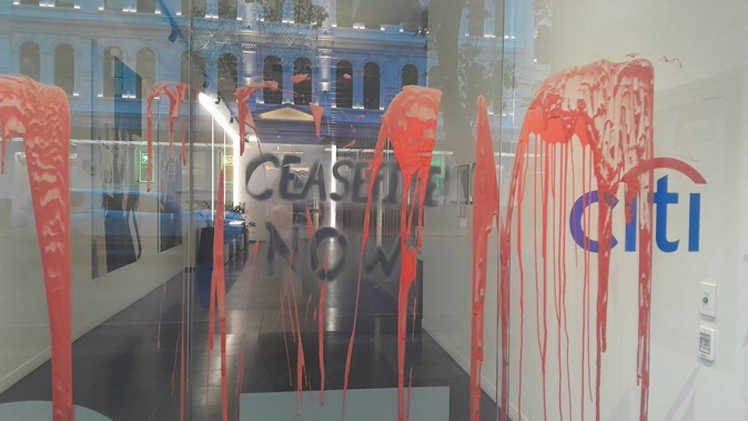 The US Consulate in the Auckland CBD on Quay St was splashed with red paint early on November 14 by a group called Tāmaki for Palestine. Photo / Jacob Jones