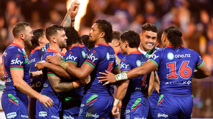 The Warriors celebrate after Jackson Ford of the Warriors scores a try during the round eight NRL match between New Zealand Warriors and Newcastle Knights at Apollo Projects Stadium, on April 25, 2025, in Christchurch, New Zealand. (Photo by Kai Schwoerer/Getty Images)
