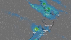 Predicted rainfall for Monday at 1pm. MetService has issued a heavy rain watch for Grey district and the upper North Island including Auckland and Northland. Photo / Windy.com