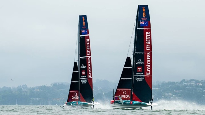 Team New Zealand two AC40s race on Waitematā Harbour. Photo / America's Cup