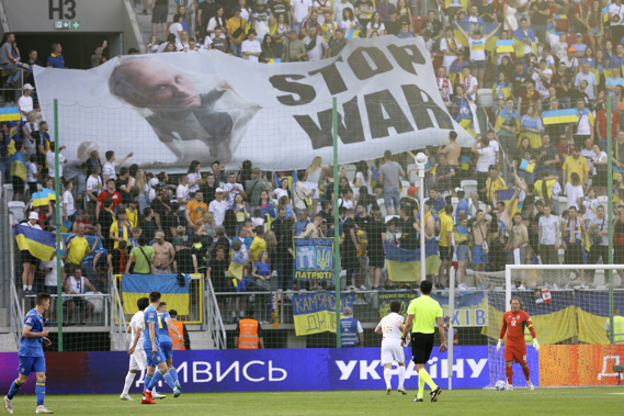 Ukraine supporters unfurl a Stop War banner on the stands during the UEFA Nations League soccer match between Ukraine and Armenia. Photo / AP