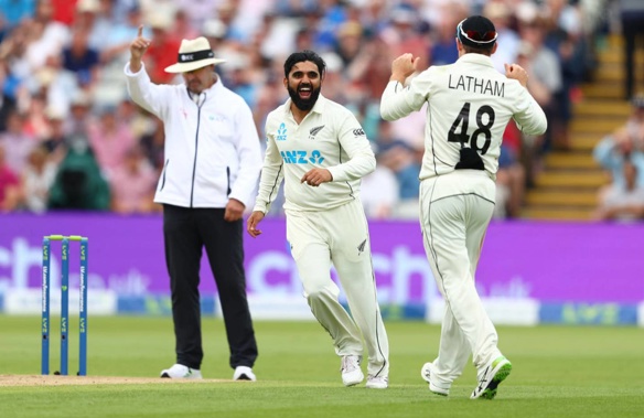 Ajaz Patel took wickets on day one for New Zealand. (Photo / Getty)
