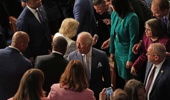 King Charles III and Queen Camilla greet attendees after speaking at a joint meeting of Congress in honor of the 250th anniversary of American independence at the Capitol in Washington, on Tuesday, April 28, 2026. King Charles III gently pushed back against President Trump’s attacks on Britain and NATO. (Salwan Georges/The New York Times)