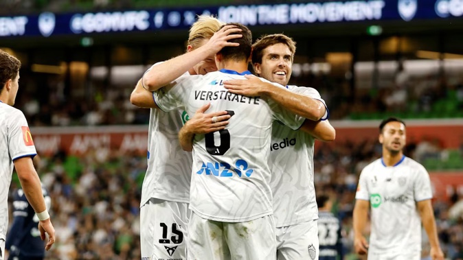 Louis Verstraete of Auckland FC celebrates his goal against Melbourne Victory in April. Photo / Photosport