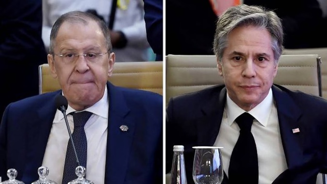This combination of photos shows US Secretary of State Antony Blinken, right, and Russian Foreign Minister Sergey Lavrov at the G20 foreign ministers' meeting in New Delhi, India, on Thursday. Photo / via AP