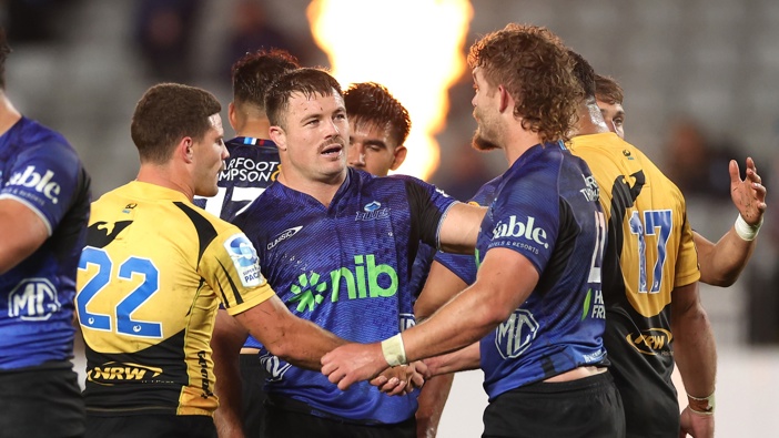 Kurt Eklund of the Blues celebrates following the round 12 Super Rugby Pacific match between Blues and Western Force at Eden Park, on May 02, 2025, in Auckland, New Zealand. (Photo by Phil Walter/Getty Images)