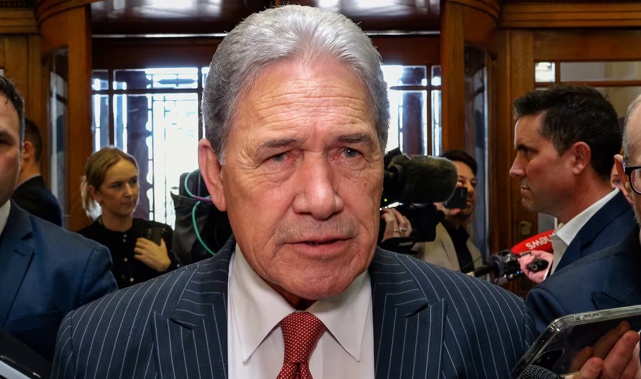 Deputy Prime Minister Winston Peters speaking to media on the tiles, Parliament, Wellington, 25 march, 2024. New Zealand Herald photograph by Mark Mitchell.