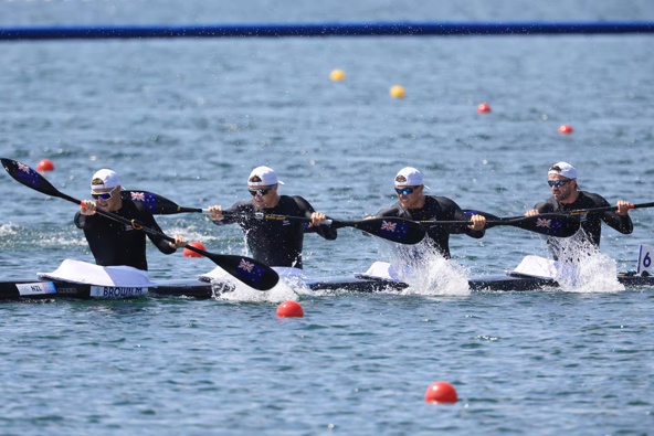 New Zealand Mens Kayak Four - Max Brown, Grant Clancy, Kurtis Imrie and Hamish Legarth in their quarter-final. Photo / Photosport