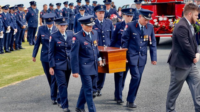 Funeral for firefighter David van Zwanenberg in Muriwai. He was killed by a slip in Muriwai during Cyclone Gabrielle flooding. Photo / Dean Purcell