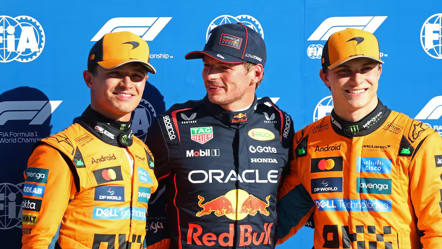 Reigning champion Max Verstappen (centre) has surged into contention against the two McLaren drivers, Lando Norris (left) and Oscar Piastri. Photo / Red Bull