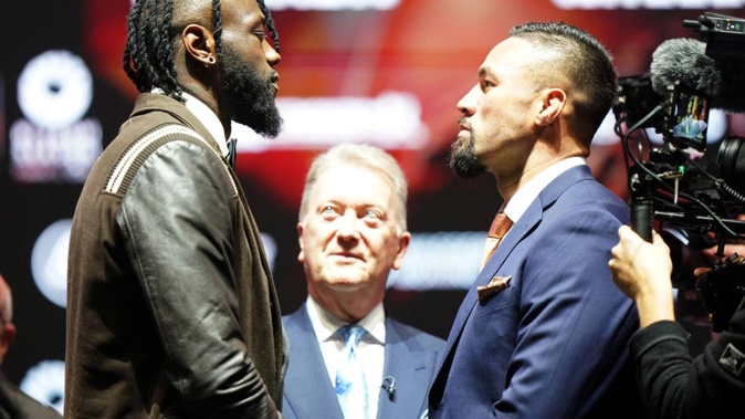 Deontay Wilder and Joseph Parker during a press conference at OVO Arena, Wembley, London. Photo / Getty