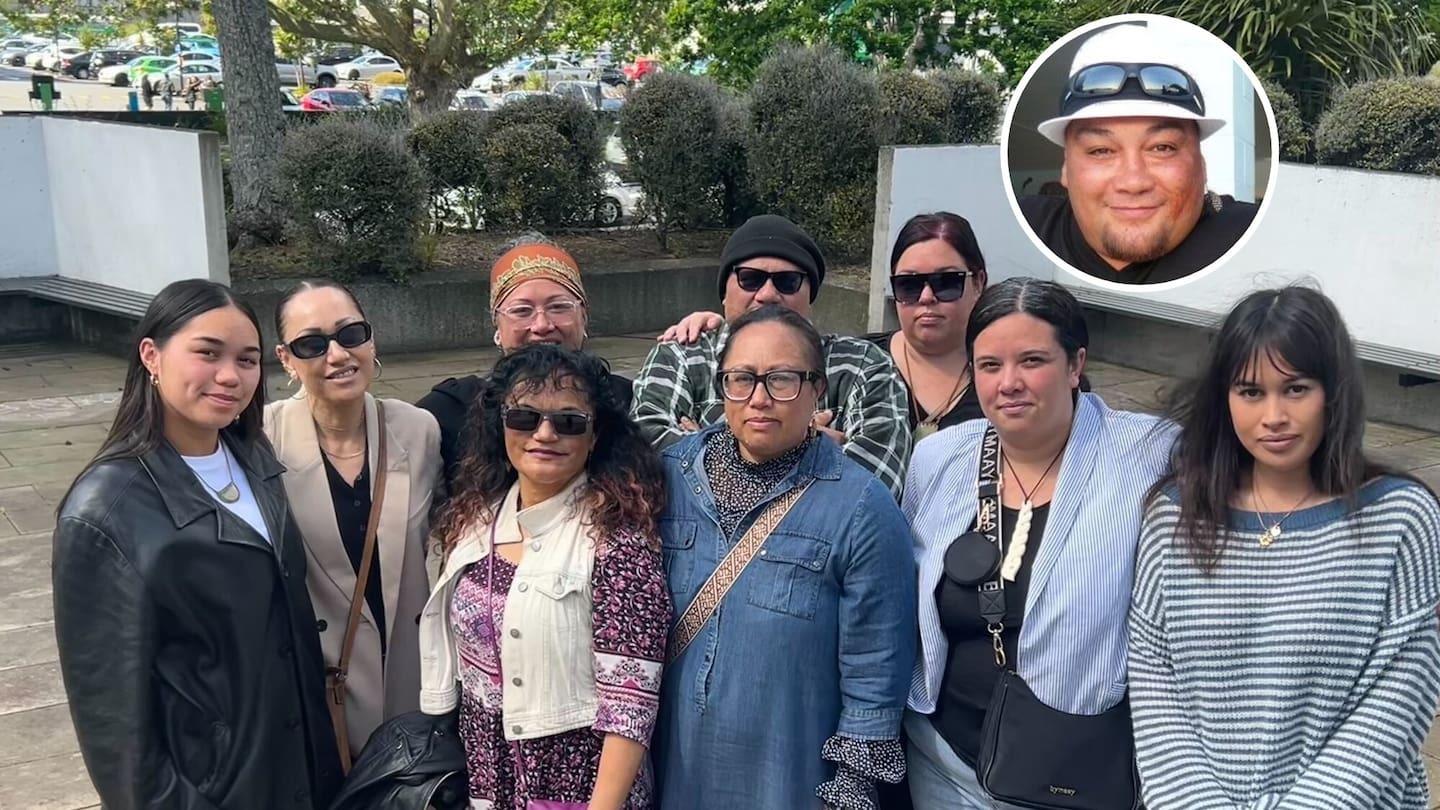Paula Beilby (fourth from left) pictured with her whānau outside the High Court at Hamilton after the sentencing of one of the gang members who killed her brother, Mitchell Te Kani (inset). Photo / Belinda Feek