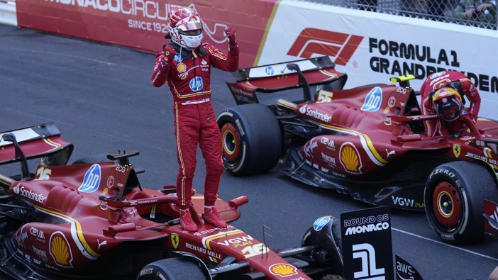 Ferrari driver Charles Leclerc of Monaco celebrates after winning the Formula One Monaco Grand Prix. (Photo / AP)