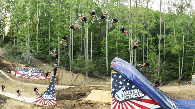 A photo montage of Jed Mildon performing the quadruple BMX back flip. (Photo / NZME)