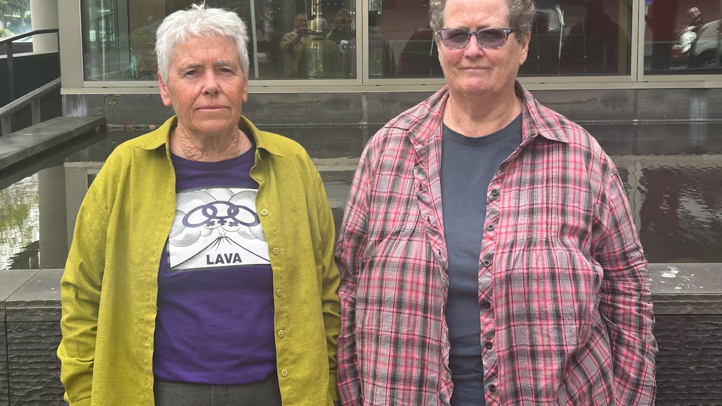 Hilary Oxley and Margaret Curnow, members of Lesbian Action for Visibility in Aotearoa (Lava), whose case is being heard before the Human Rights Review Tribunal (HRRT) in Wellington.