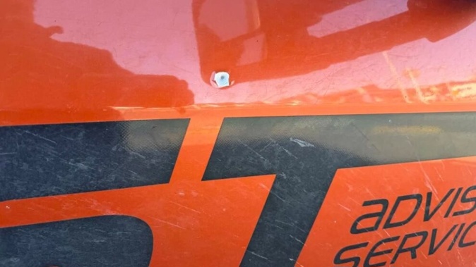 Murray Chong's ute was hit by a single shot fired at it while parked outside his house on Thursday night. Photo / RNZ / Robin Martin
