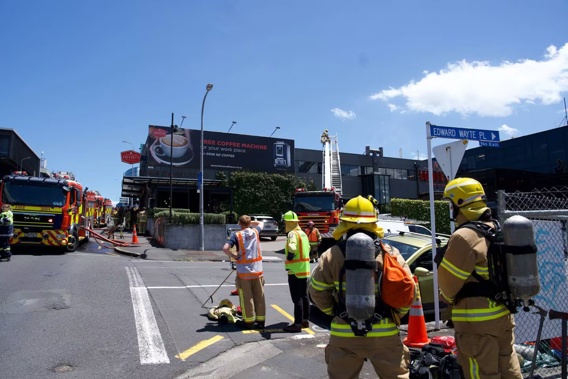 Six trucks and two ladders were present a fire at a Central Auckland coffee roaster. Photo / Ben Dickens