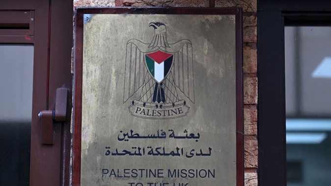 A sign is seen outside the Palestine Mission to the UK in west London. Prime Minister Keir Starmer today said Britain was formally recognising a State of Palestine, in a historic shift in decades of British foreign policy. Photo / Justin Tallis, AFP