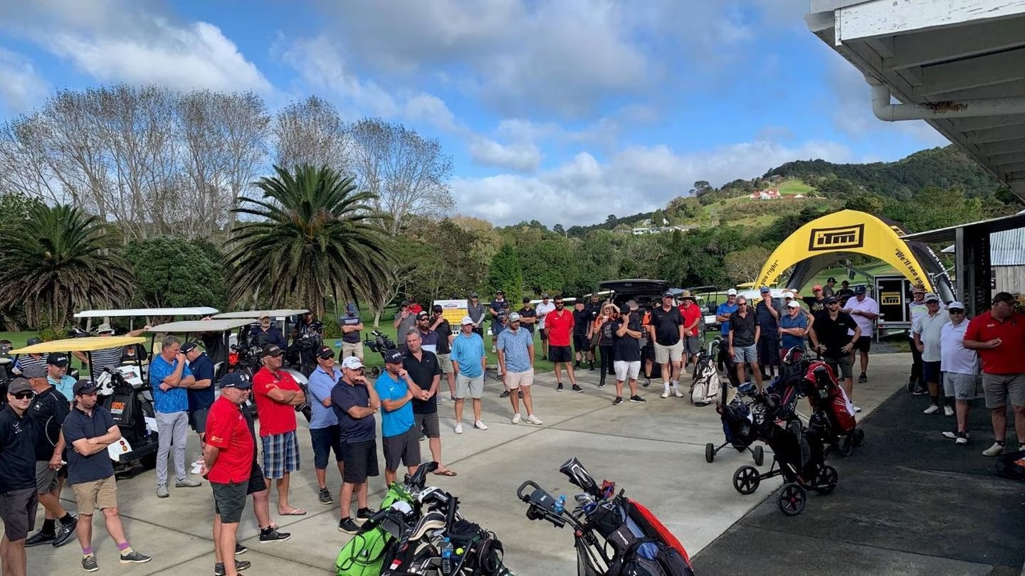 The large field of golfers ready to tee off in the annual charity golf tournament held by NZ Certified Builders Whangārei at the Pines Golf Course.