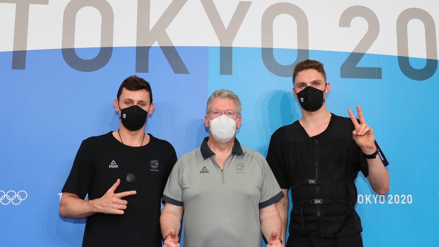 Zac Reid, Gary Hollywood (coach) and Lewis Clareburt during a New Zealand Swimming Olympic press conference at the Main Press Centre of Tokyo 2020. Photo / Photosport.co.nz