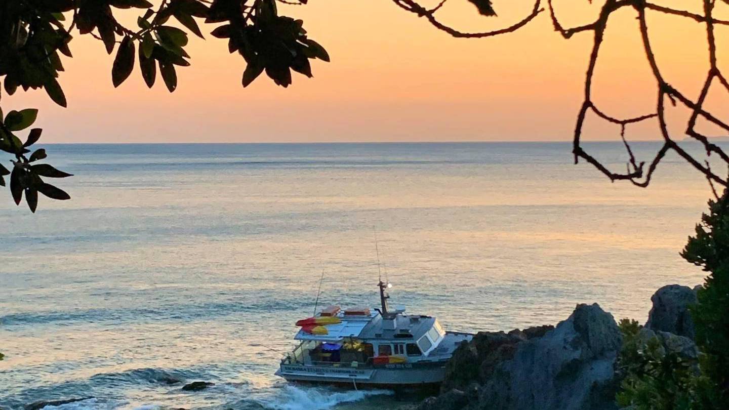 Asleep at the wheel, Miss Fleur skipper Esmond O'Reilly crashed into rocks at the base of Mauao. Photo / Supplied\