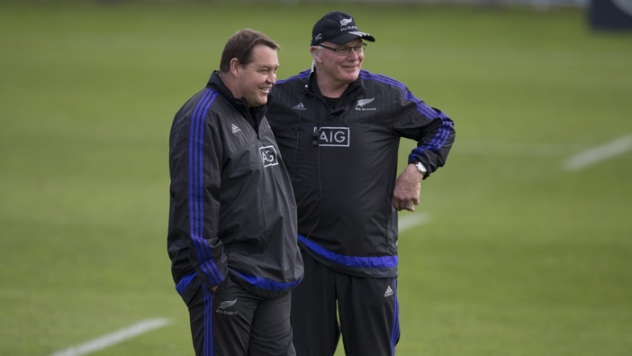 All Blacks head coach Steve Hansen and forwards coach Mike Cron, during the All Blacks team training session before the 2015 Rugby World Cup Quarter Final against France. Photo / Brett Phibbs.