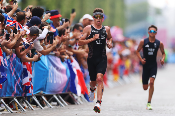 Hayden Wilde of Team New Zealand competes during Men's Individual Triathlon on day five of the Olympic Games Paris 2024 at Pont Alexandre III on July 31, 2024 in Paris, France. (Photo by Lars Baron/Getty Images)