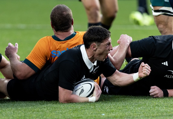 All Black Cam Roigard try during the rugby test match between the All Blacks and Australia at Eden Park. 27 September 2025 New Zealand Herald photograph by Dean Purcell