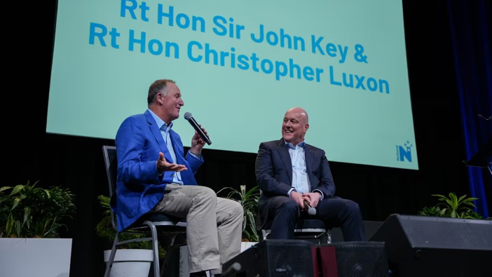 Former PM Sir John Key talks with Prime Minister Christopher Luxon at the 2024 National Party conference. Photo / supplied