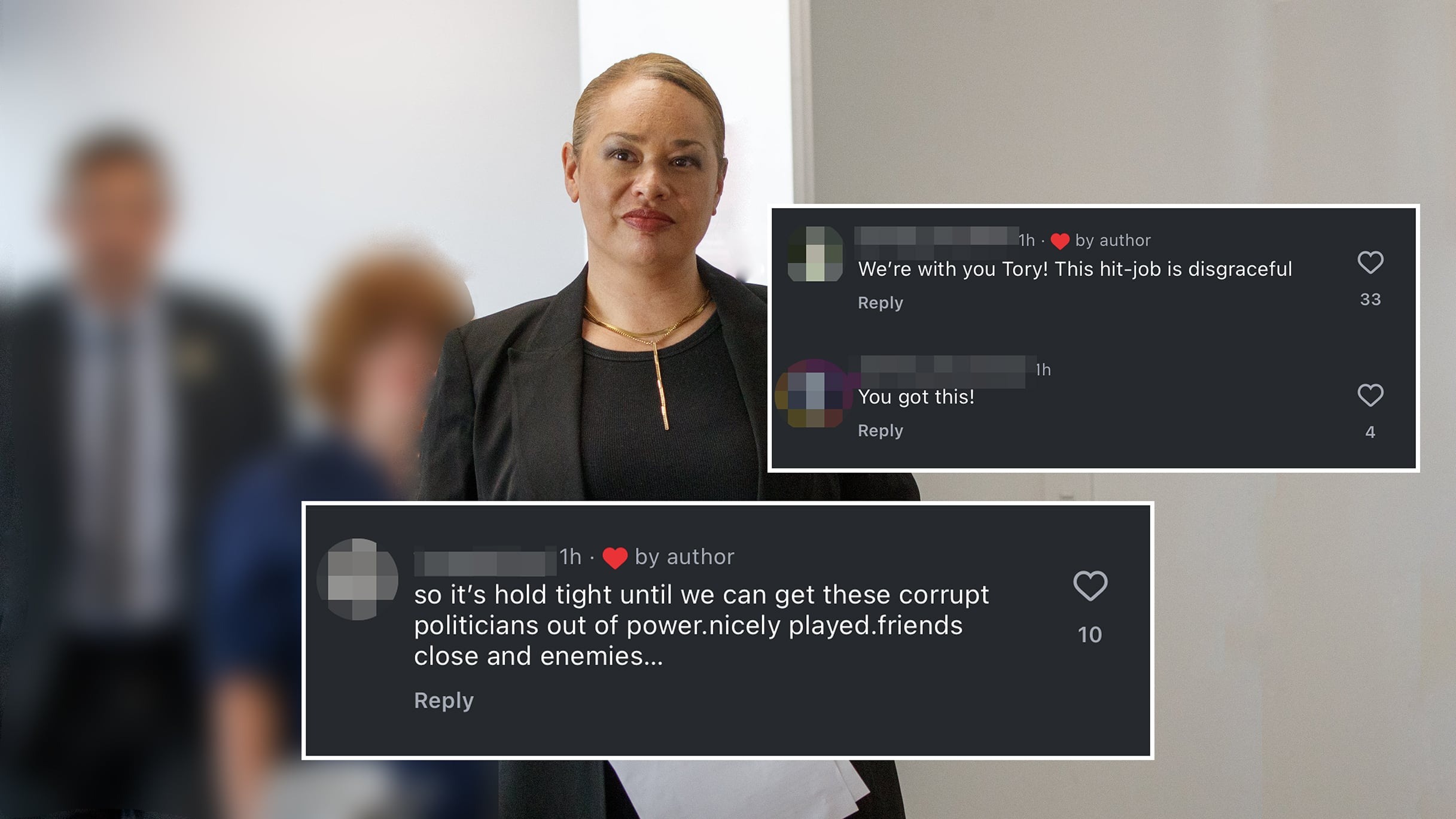 Wellington Mayor Tory Whanau at Tuesday's press conference with screenshots from her Instagram account. Photo / NZ Herald composite image