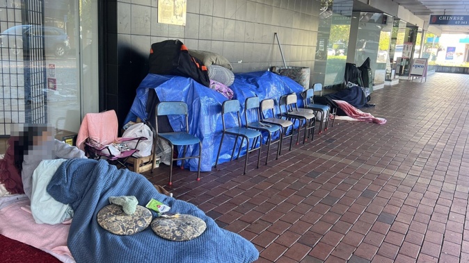 The homeless camp outside the Salvation Army store on Rotorua's Amohia St. Photo / Kelly Makiha
