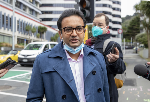 Gaurav Sharma speaking with media outside the Labour caucus meeting. Photo / Mark Mitchell