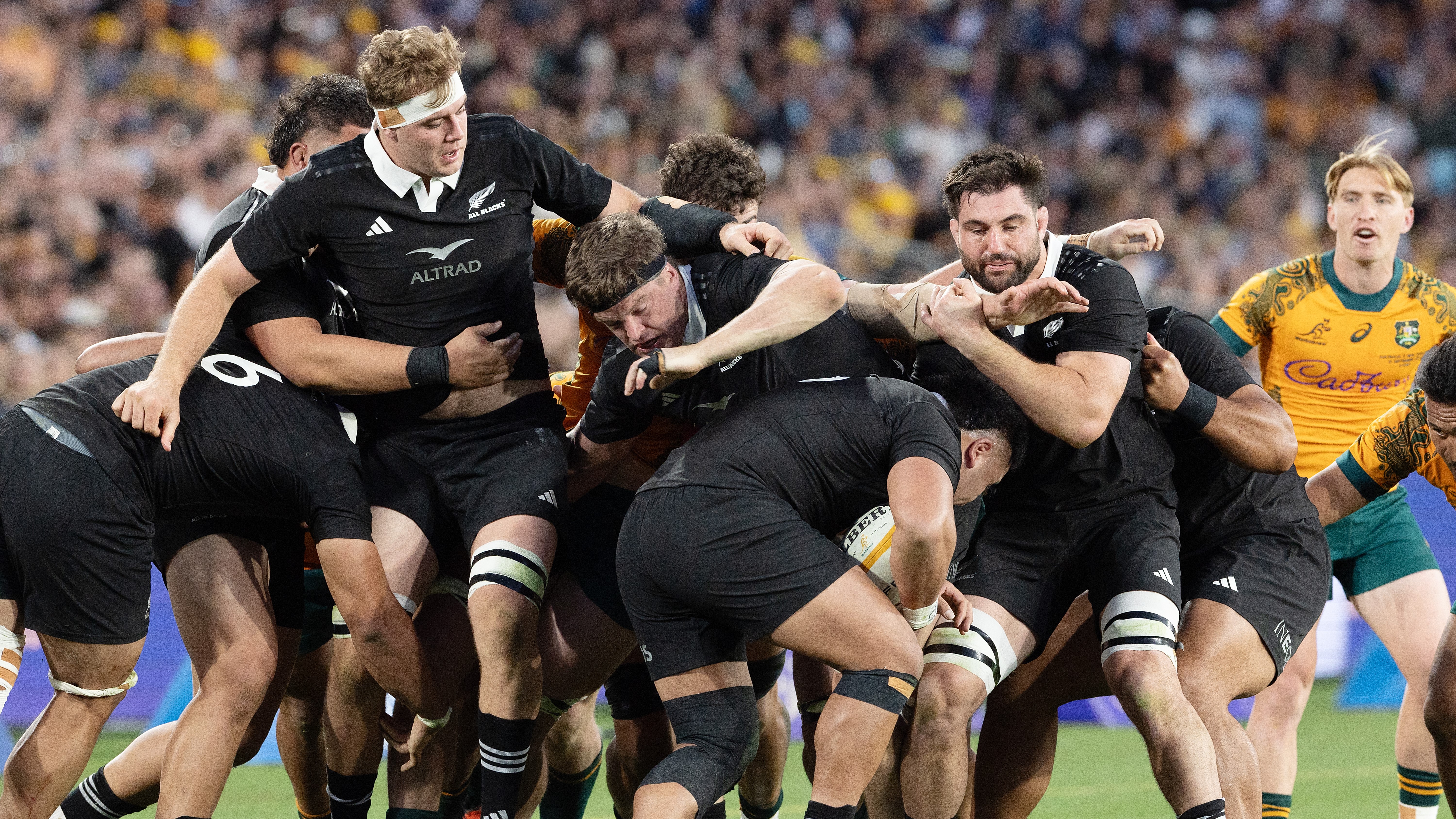 Scott Barrett of the All Blacks in a ruck during The Rugby Championship & Bledisloe Cup match between Australia Wallabies and New Zealand All Blacks at Accor Stadium on September 21, 2024 in Sydney, Australia. (Photo by Steve Christo - Corbis/Corbis via Getty Images)