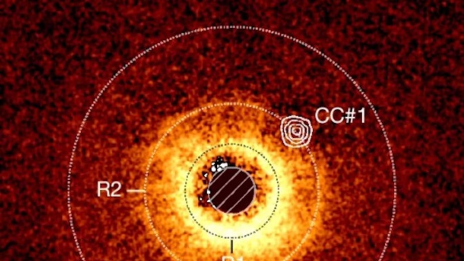 Astronomers used the James Webb Space Telescope to directly image a new exoplanet, represented by CC#1, within the three-ring debris disk surrounding the star TWA 7. Photo / Anne-Marie Lagrange et al via Nature.