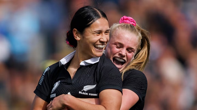 Braxton Sorensen-McGee (left) was named World Rugby women's breakthrough player of the year. The teenager is pictured being embraced by Black Ferns teammate Jorja Miller. Photo / Getty Images