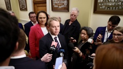 Labour Leader, Chris Hipkins interviewed by the media following his election defeat. Photo / George Heard