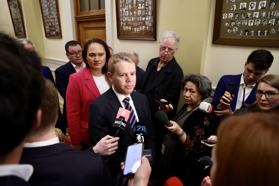 Labour Leader, Chris Hipkins interviewed by the media following his election defeat. Photo / George Heard