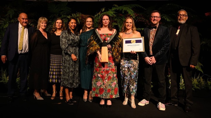 The lineup in a proud moment for the Napier City Council and Napier Deputy Mayor Annette Brosnan – the SuperHuman Award winner on the Local Government New Zealand big night in Christchurch. From left: councillor Keith Price, council chief executive Louise Miller, regional councillor Sophie Sears and chair Hinewai Ormsby, Napier councillor Sally Crown, Annette Brosnan, Mayor Kirsten Wise, LGNZ president Sam Broughton, and Mana Ahuriri Trust general manager Parris Greening.