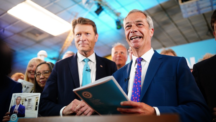 Reform UK chairman Richard Tice (left) and party leader Nigel Farage launch 'Our Contract with You' in Merthyr Tydfil while on the General Election campaign trail. Picture date: Monday June 17, 2024. (Photo by Ben Birchall/PA Images via Getty Images)