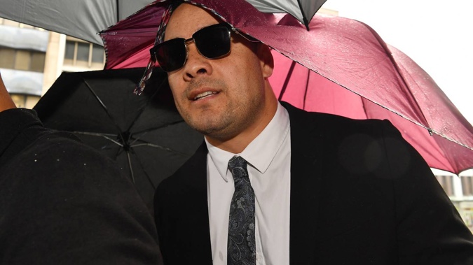 Jarryd Hayne arriving at the Newcastle District Court hours before he was sent to jail. Photo / Getty Images