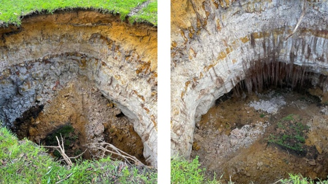 The 10-metre sinkhole on Pia Ramsing’s property. Photo / Supplied